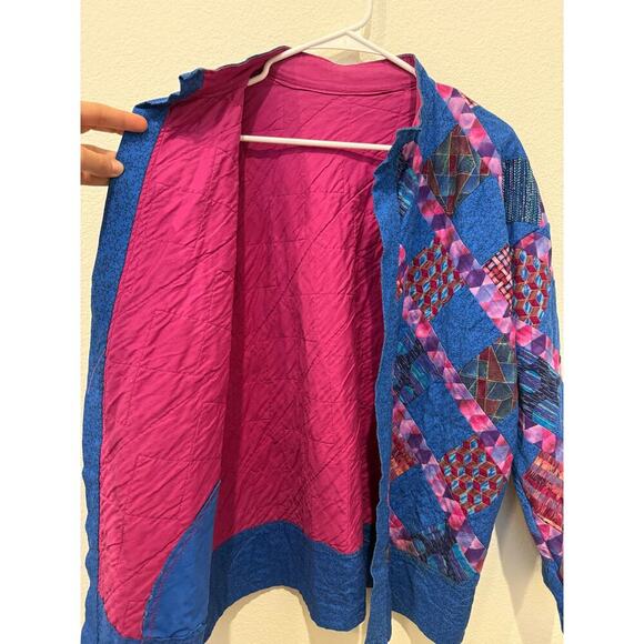 Handmade Quilted Jacket with Pockets Blue Pink L/XL Grannycore Cottagecore - Picture 3 of 8